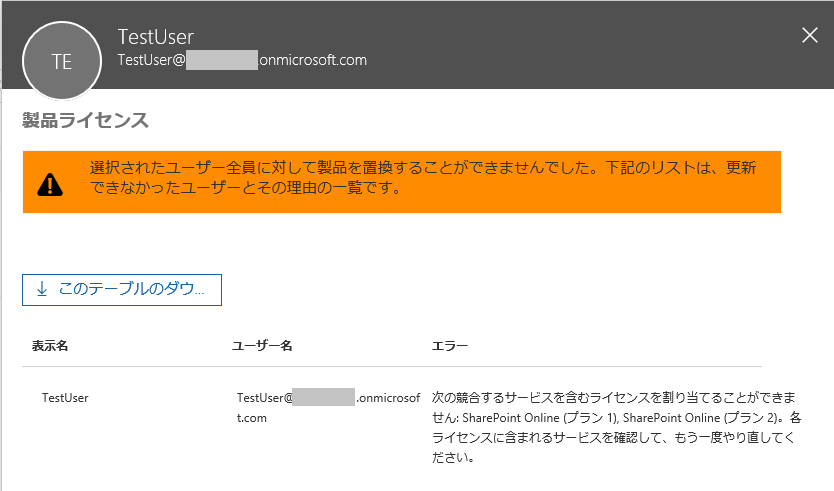 次の競合するサービスを含むライセンスを割り当てることができません: SharePoint Online (プラン 1), SharePoint Online (プラン 2)。各ライセンスに含まれるサービスを確認して、もう一度やり直してください。