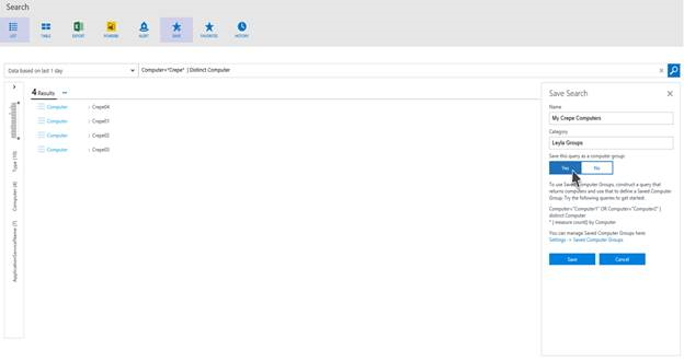 Screenshot that shows the Yes button selected to save a query as a computer group.