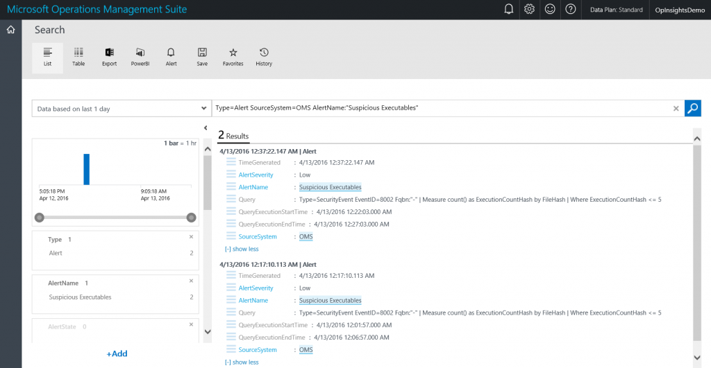 Screenshot of query that drills into Suspicious Executables query and the resulting output.