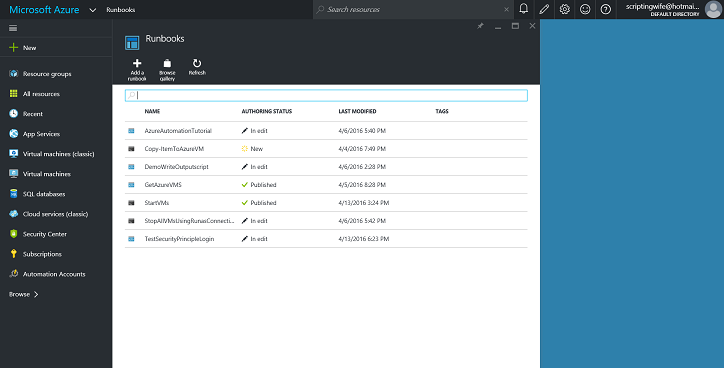 Screenshot of the Runbooks page in the Automation portal.