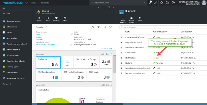 Screenshot of the Teresa Automation account page where the StartAllV2Vms is listed as a runbook.