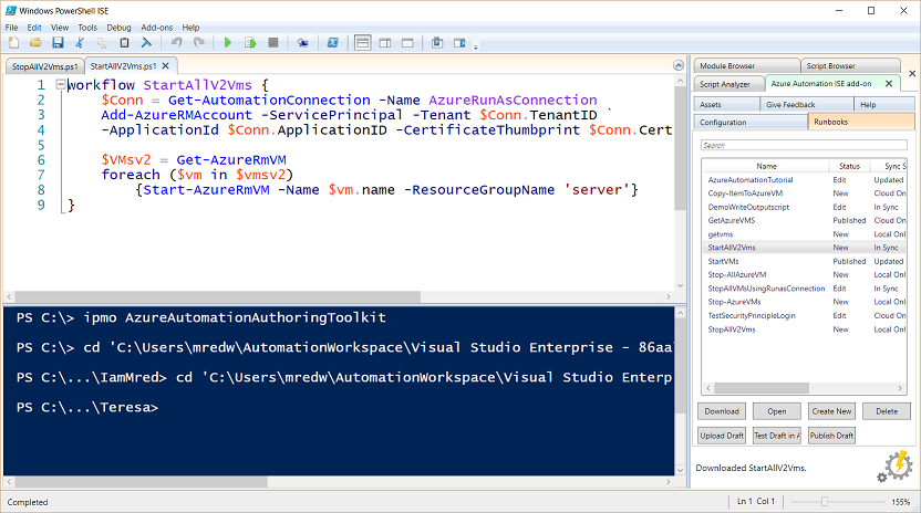 Screenshot of code to start VMs in the Windows PowerShell ISE.