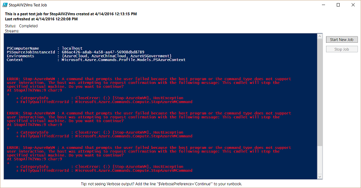 Screenshot of errors in the test environment for the StopAllV2VMs workflow.