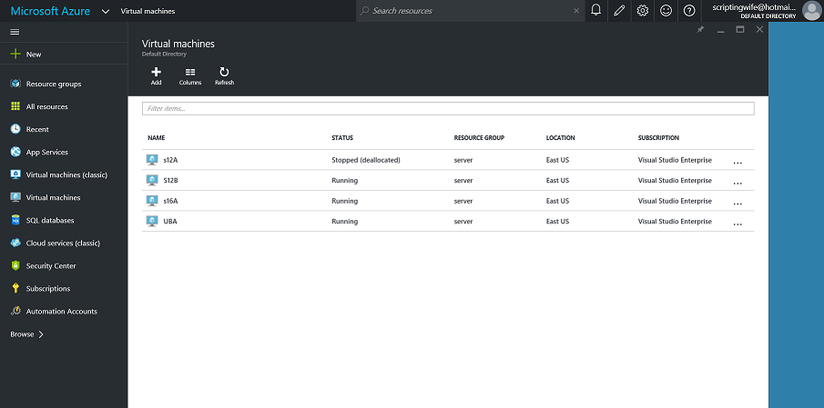 Screenshot of virtual machines and their statuses.