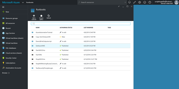 Screenshot of the Microsoft Azure Runbooks page.