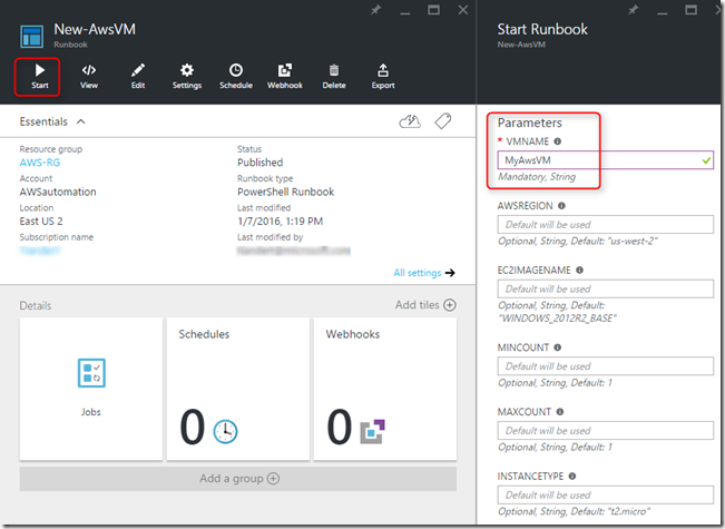 Start New-AwsVM runbook