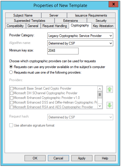 Certificate template using legacy CSP