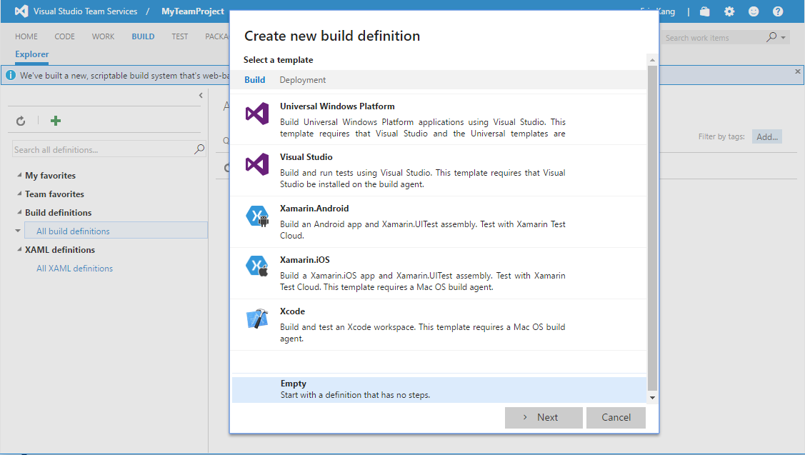 build definition dialog