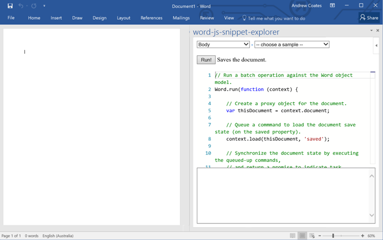 Snippet Explorer running in Word