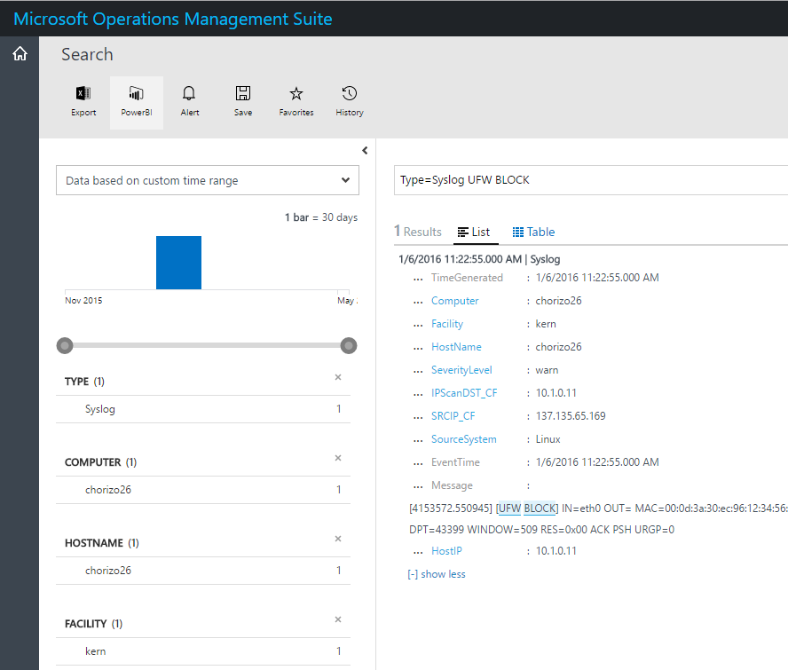 Screenshot of that shows events in Log Analytics that are related to the UFW-BLOCK event.