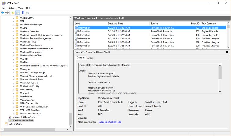 Screenshot of the Windows PowerShell log.