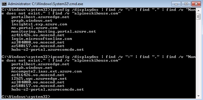 Figure 3: The list of URLs in the DNS Resolver Cache will vary depending on recent operations; make sure you check throughout your cloud administration test to ensure you capture all appropriate URLs.