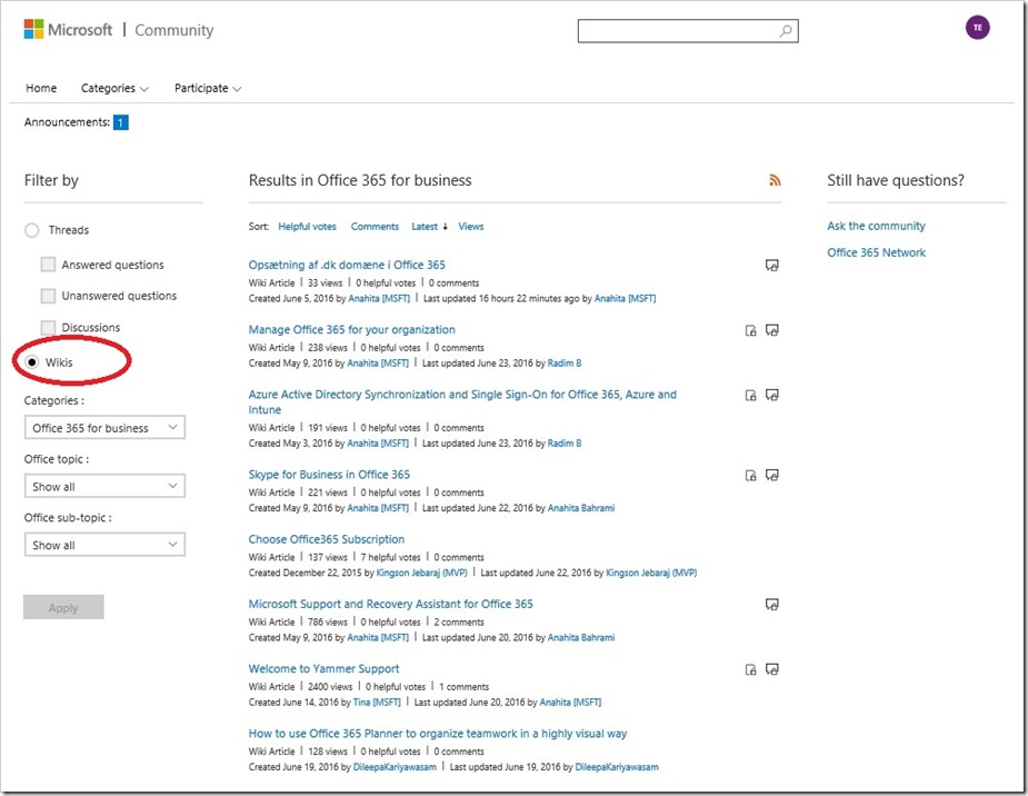 Office 365 Community Wikis