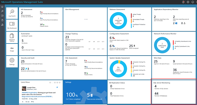 Screenshot of the OMS home page and the SQL Server Monitoring tile.