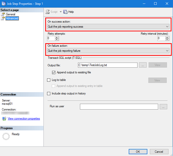 Screenshot of value in “On success action” and “On failure action” fields in the property dialog box.