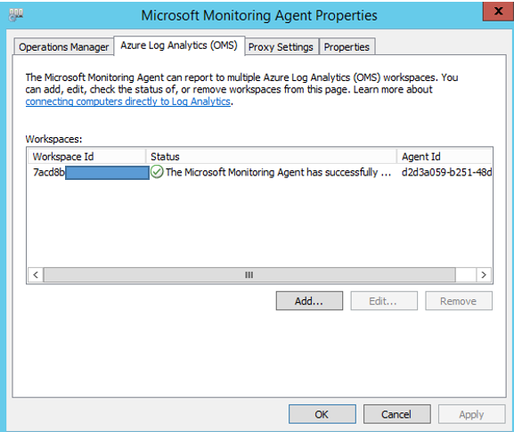 Screenshot of the Azure Log Analytics (OMS) tab and an added Log Analytics workspace.