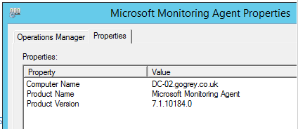 Screenshot of the version of the Monitoring Agent for SCOM 2012 R2 in the Control Panel.