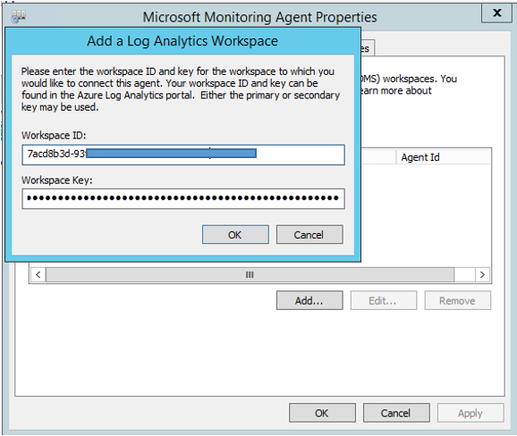 Screenshot of Add a Log Analytics Workspace dialog box.