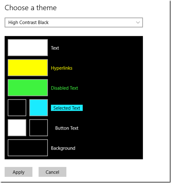 Selecting the High Contrast Black theme in the Settings app.