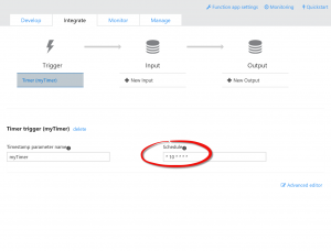 Example of a Timer Trigger within the Azure Functions Integrate tab