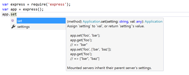 Screenshot of the IntelliSense experience provided by Node.js Tools 1.2 for Visual Studio 2015 (NTVS). Graphic: Microsoft