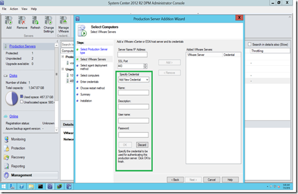 Figure 6-3 Alternate way of adding a Credential to DPM server