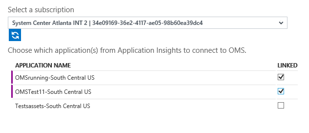 Screenshot of selected subscription and Applicaion Insights apps