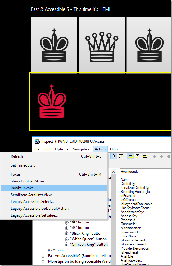 Using the Inspect SDK tool to programmatically invoke the UWP HTML app UI.