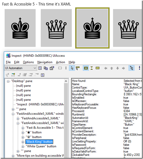 The Inspect SDK tool reporting the accessible names of the buttons shown in the demo app.