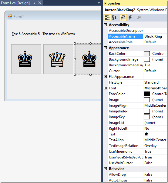 Adding a localized accessible name for a WinForms button via the Properties window in Visual Studio.