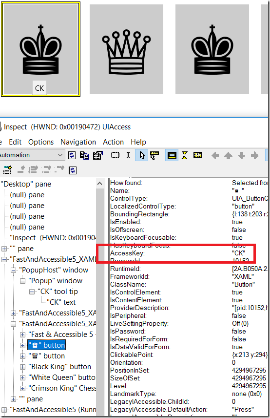 The Inspect SDK tool reporting the UIA AccessKey property of the button.