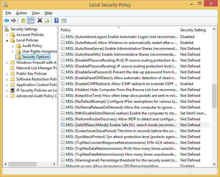 MSS settings in Security Options