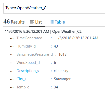 Table format for results for Type=OpenWeather_CL