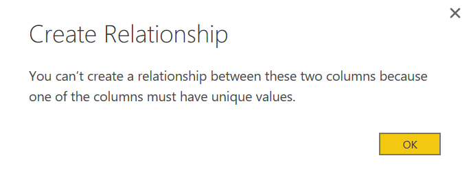 Power BI Desktop : You can't create a relationship error message