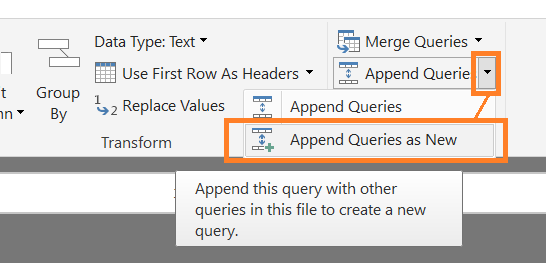 Power BI Desktop : Append as New Query in the Query Editor