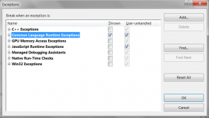Enabling detection of first chance exceptions in Visual Studio