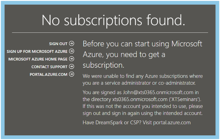 Figure 3: No Azure subscription