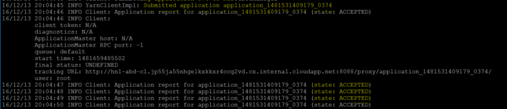 console log for spark-submit: accepted state