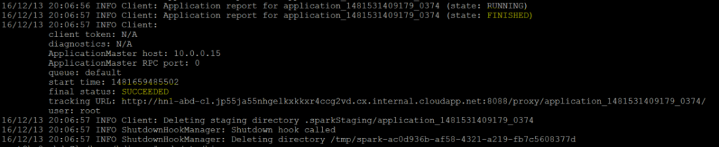 console log for spark-submit: finished state 
