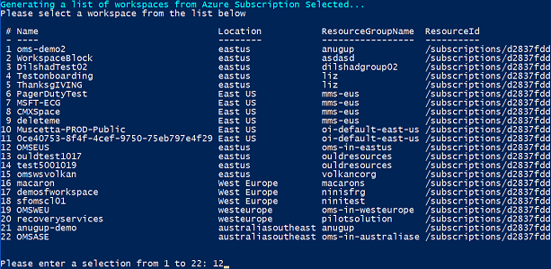 Select the OMS Log Analytics Workspace that you want to have for this data set