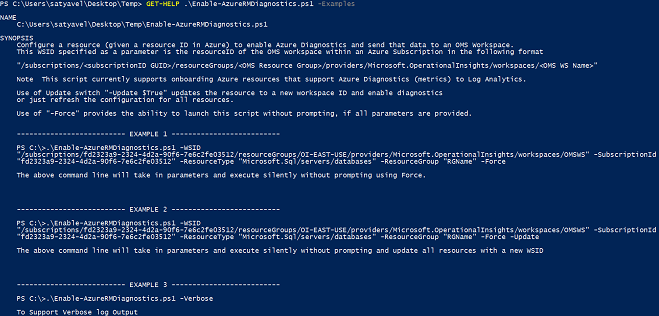 Result of GET-HELP .\Enable-AzureRMDiagnostics.ps1 -Examples