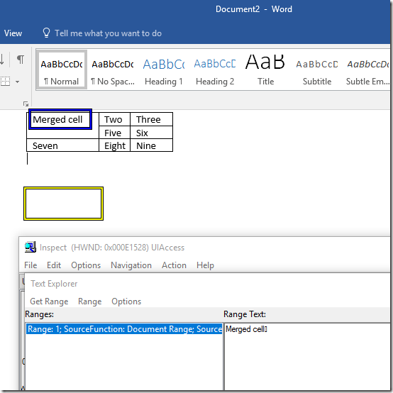 Text Pattern Explorer reporting that the entire text exposed by a cell through the UIA Text pattern is “Merged cell”.