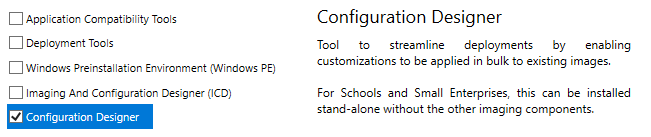 Screenshot of the Windows ADK installer with "Configuration Designer" ticked