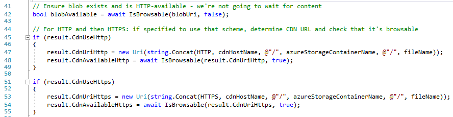 C#: check blob storage and CDN URIs for uploaded file.