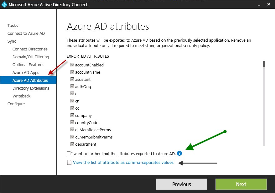 Azure AD attributes screen