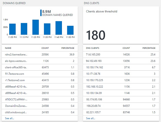 Log Search shows domains queried and DNS clients