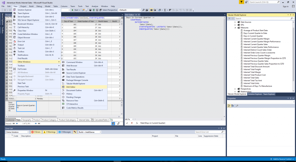 DAX Editor Tool Window for SSDT Tabular