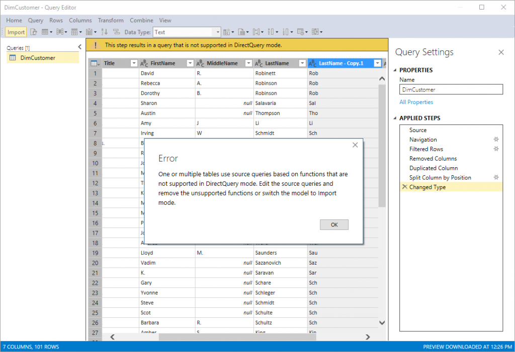 Unsupported Query Features in DirectQuery mode