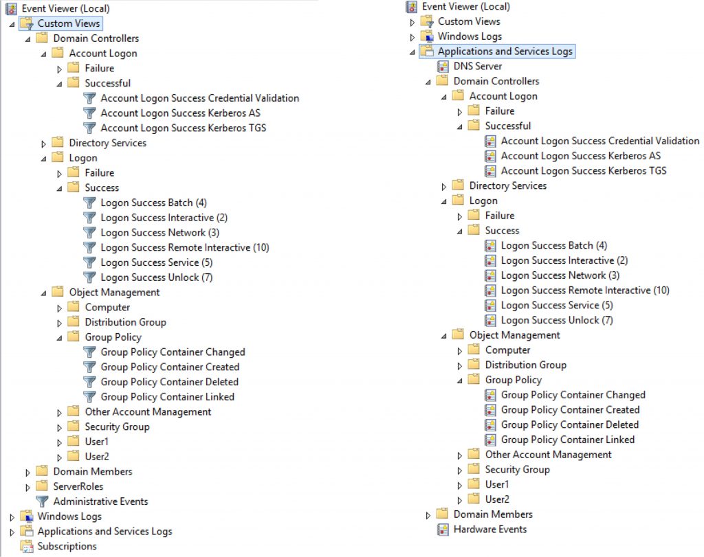 Custom Event Views (Left) and Custom Event Channels (Right)