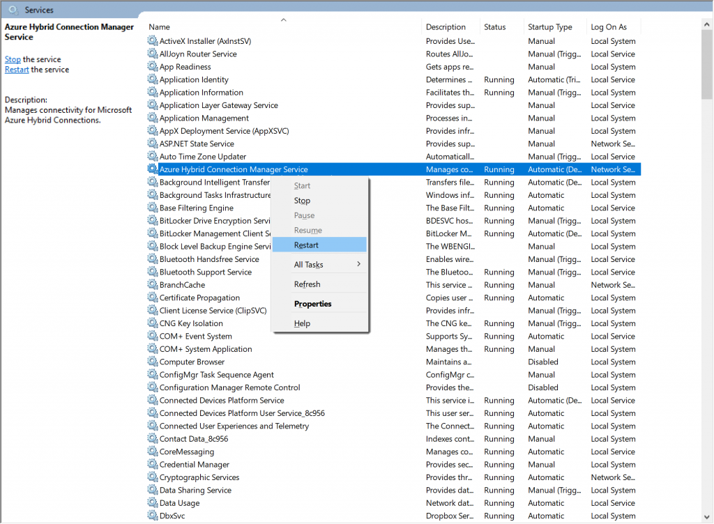 Restarting the Hybrid Connection Manager Service